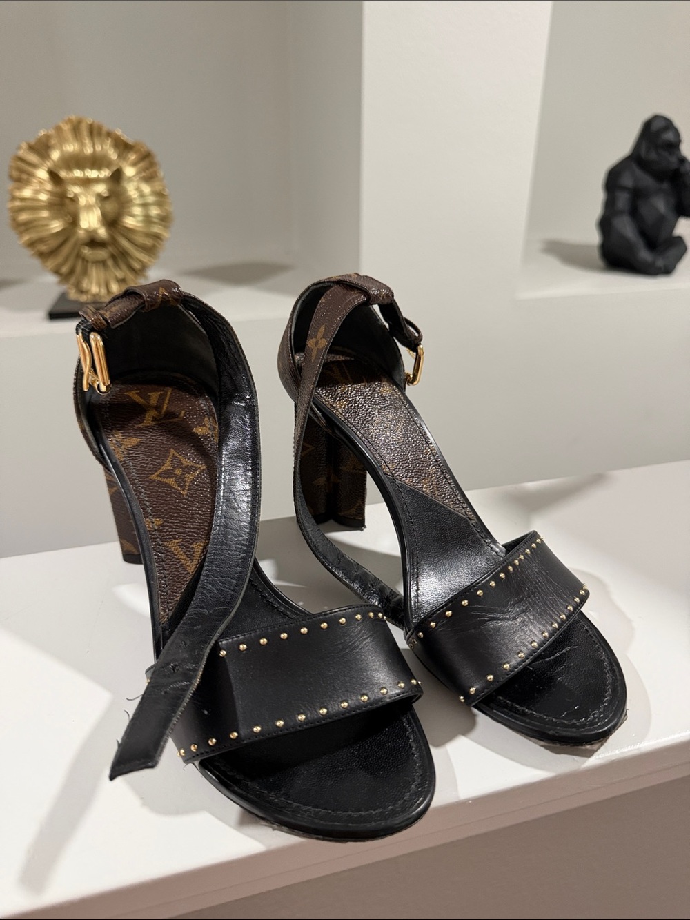 Louis Vuitton Black Leather Studded Monogram Block Heel Sandals